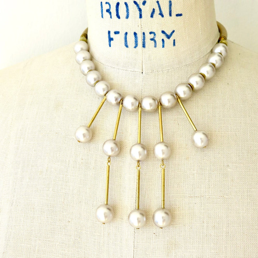 Bountiful Necklace by MoonRox Jewellery & Accessories - statement jewellery with pearl beads and brass tubes to form radiant design