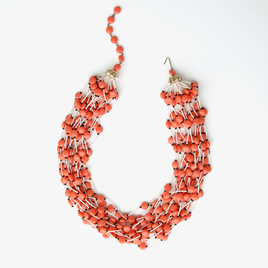 Colourful vintage Tropical Necklace in Coral colour. This layered 20 strand statement necklace is lightweight with big impact.  