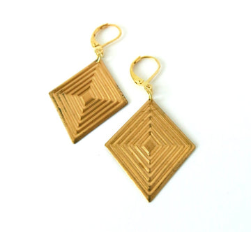 Dimension Earrings by MoonRox Jewellery & Accessories - grooved graphic diamond shaped dangly brass earrings