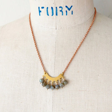 Lucky Seven Necklace by MoonRox features seven labradorite stones hand wired to brass necklace.