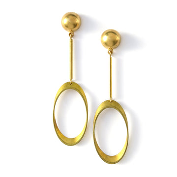 Muse Earrings by MoonRox - Brass stud earrings with linear rods and a large open oval at the base.