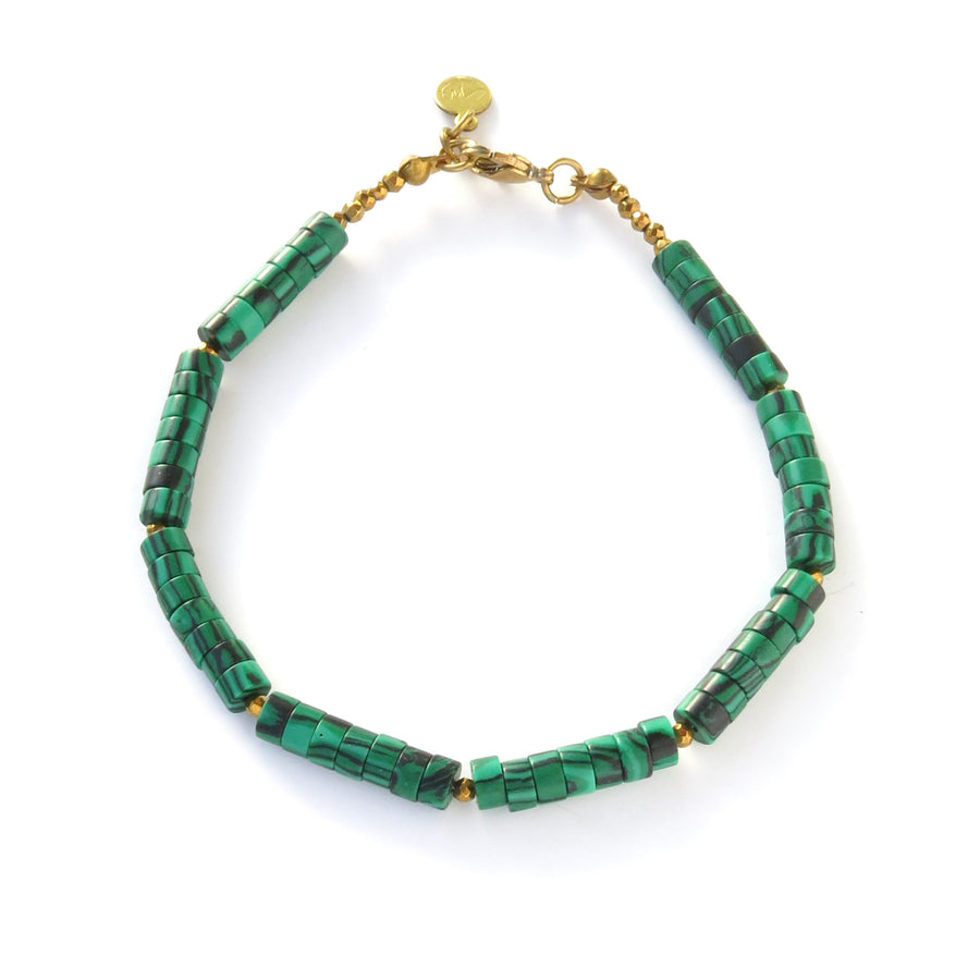 Polished Bracelets feature a combination of smooth round disc shaped beads in imitation malachite and faceted coated hematite accents.