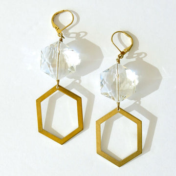 Under the Moonlight Earrings with a combination of shiny crystal and brass polygons.