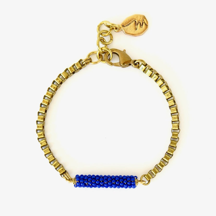 MoonRox Wonder Bracelet with hand beaded centre piece with brass box chain. Shown in cobalt blue. 