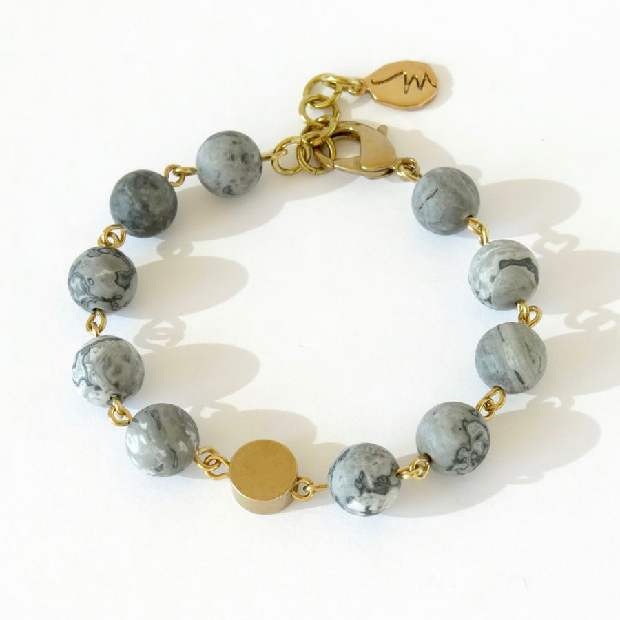 Ananda Bliss Bracelet by MoonRox Jewellery & Accessories - beaded jewellery with mottled grey map agate stones and brass centre piece.