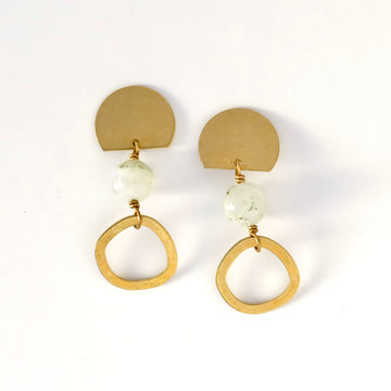 Archipelago Stud Earrings with rounded brass forms and moonstone beads.
