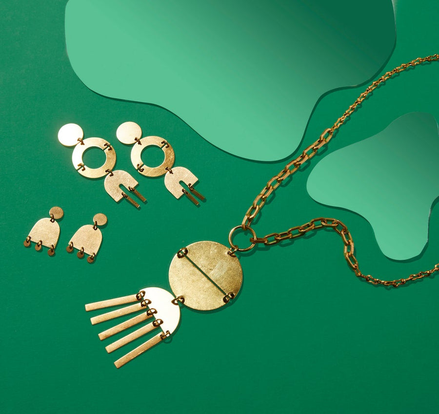 Aten Necklace, Sol Stud Earrings, Venus Stud Earrings  by MoonRox Jewellery & Accessories - radiant brass jewellery made in Toronto, Canada