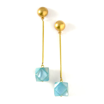 Azzurra Earrings are stud earrings with cool blue mother of pearl beads that hang below elongated rods