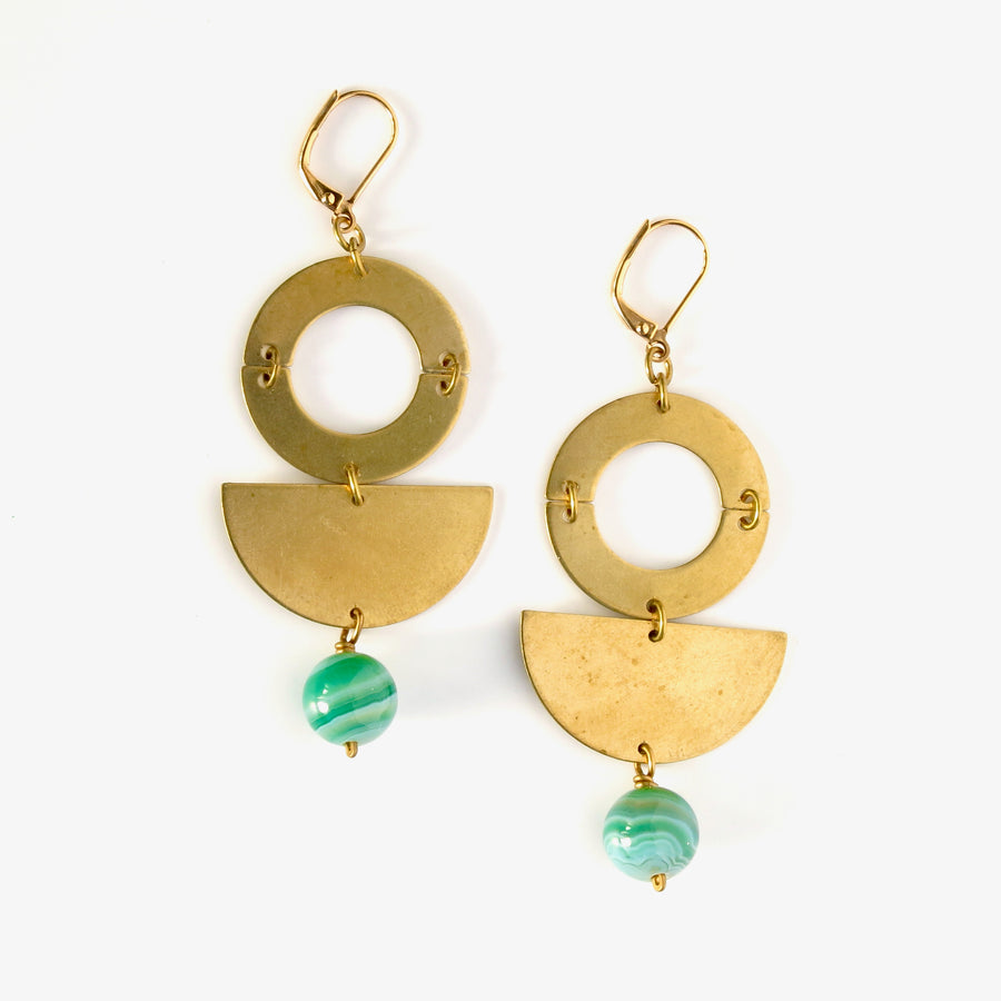 Berg Earrings by MoonRox Jewellery & Accessories - modern geometric dangly earrings inspired by MasterChef Canada Winner Mary Berg. Shown in green agate.