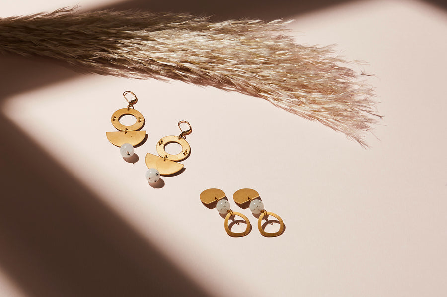 Archipelago Stud Earrings and Berg Earrings by MoonRox Jewellery & Accessories. Earrings made with rounded brass forms and moonstone beads.