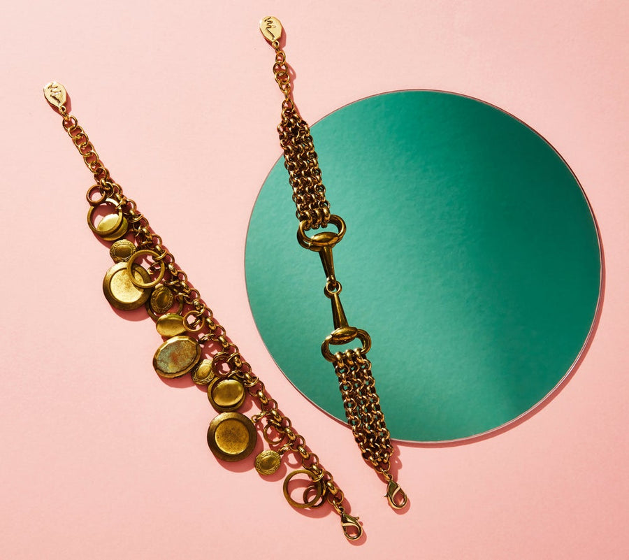 Cherish Locket Bracelet and Hot-to-Trot Bracelet by MoonRox Jewellery & Accessories - vintage brass locket charm bracelet and equestrian inspired bracelet