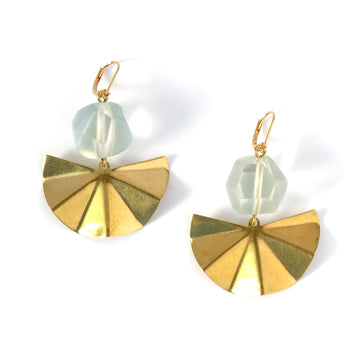 Concertina Earrings by MoonRox feature faceted and frosty acrylic beads above pleated fan shaped brass charms.