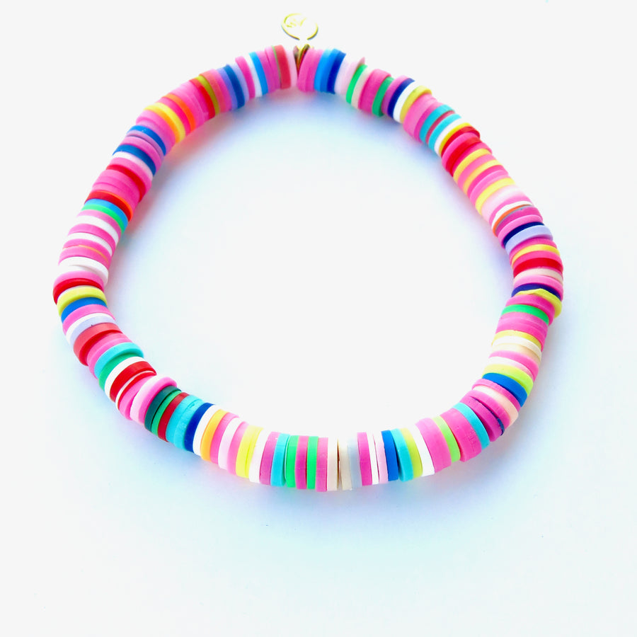 Multicoloured rubber paillette Confetti Bracelet. Bracelet stretches to fit all sizes.