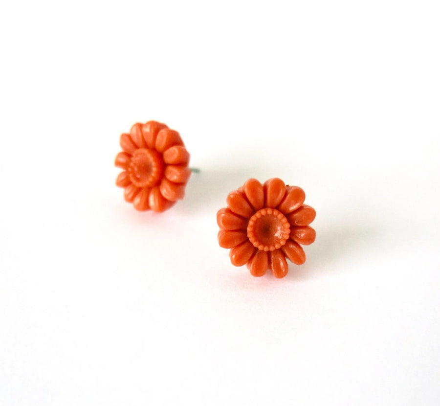 Daisy Stud Earrings by MoonRox Jewellery & Accessories - sweet coral coloured flower studs made from vintage celluloid and surgical steel posts