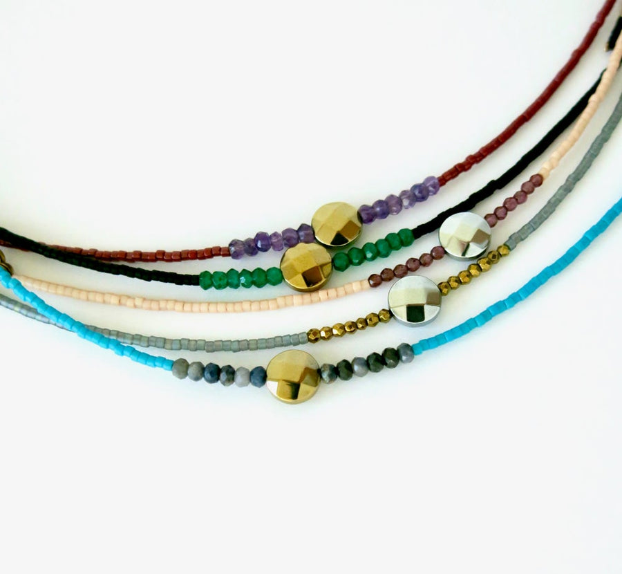 Five available colours for the Darling Bracelet by MoonRox Jewellery & Accessories - hand strung delicate Japanese glass bead and semi-precious stone bracelet