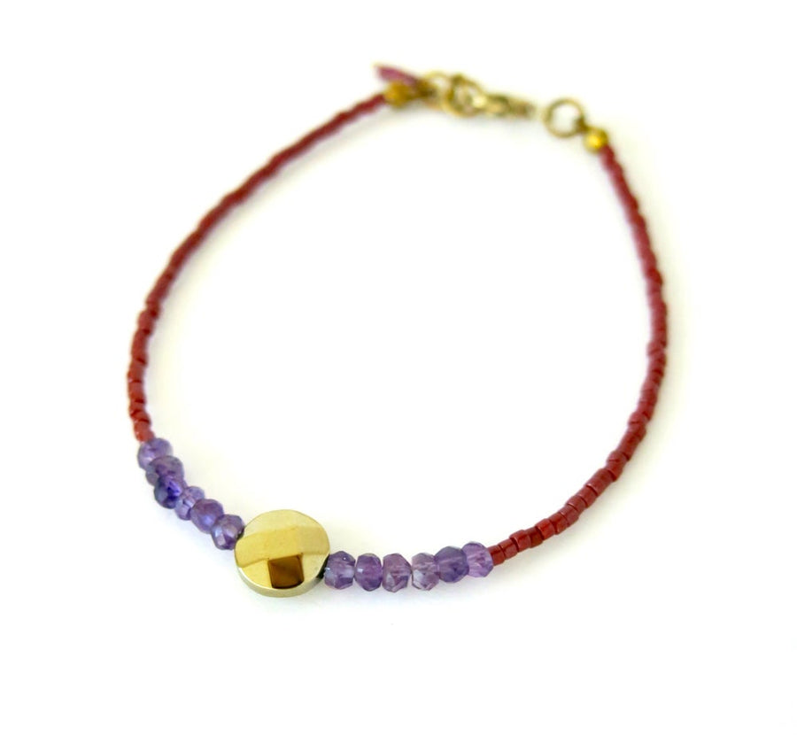 Darling Bracelet by MoonRox Jewellery & Accessories - hand strung delicate Japanese glass beaded bracelet in burgundy with amethyst and coated hematite