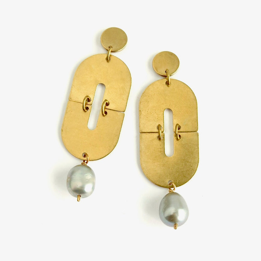Daydream Stud Earrings by MoonRox Jewellery & Accessories - on trend studs with silver grey freshwater pearls and geometric brass forms