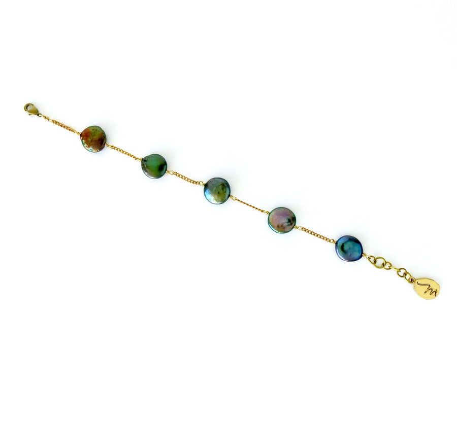 Dot to Dot Pearl Bracelet with five freshwater pearl discs in Oil Slick. Pearls are spaced along fine chain.