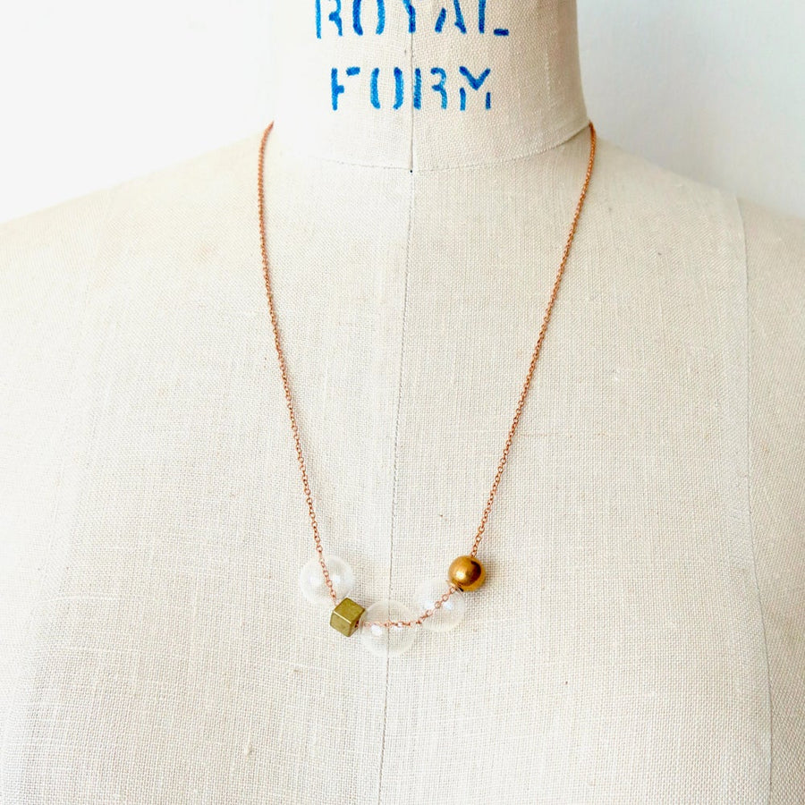 Effervescence Necklace by MoonRox Jewellery & Accessories - glass bubbles and geometric brass beads float on fine chain