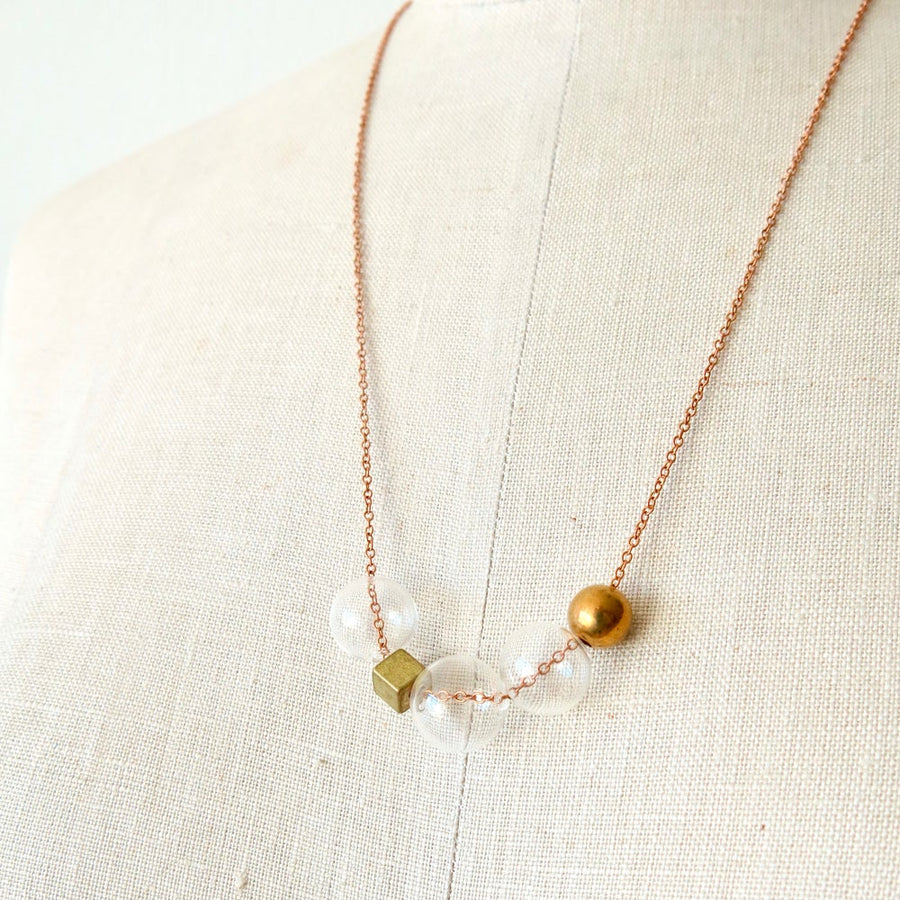 Effervescence Necklace by MoonRox Jewellery & Accessories - glass bubbles and geometric brass beads float on chain