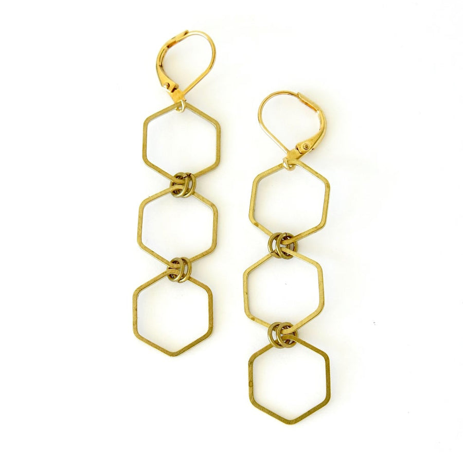 Encore Earrings by MoonRox Jewellery & Accessories - 3 brass hexagons linked together to form dangly earrings