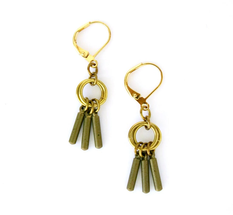 Flutter Earrings by MoonRox - a small cluster earring with a trio of brass rods gathered together 