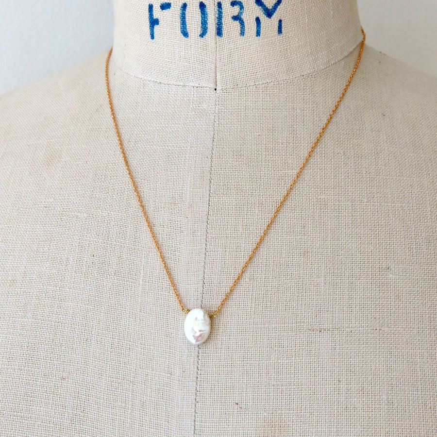 Oval Fortuna Pearl Necklace by MoonRox with oval freshwater pearl pendant on fine chain.