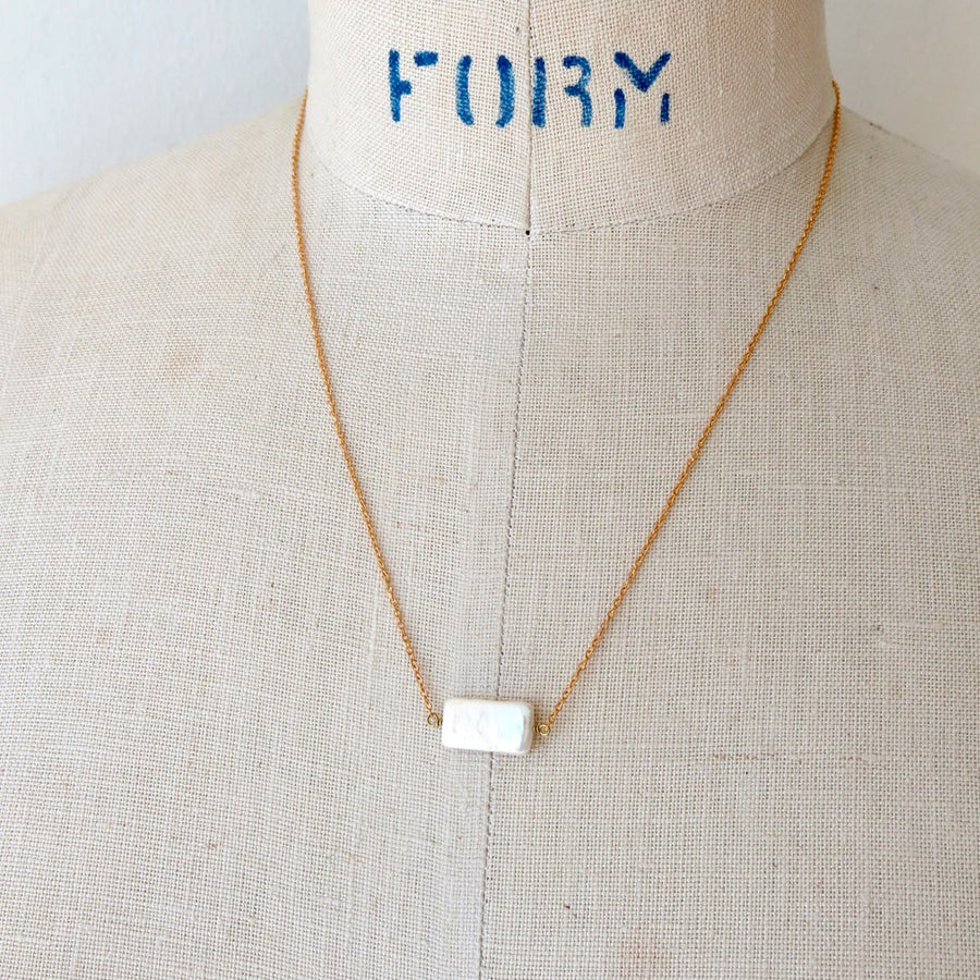 Rectangular Fortuna Pearl Necklace - rectangle shaped fresh water pearl on fine brass chain 