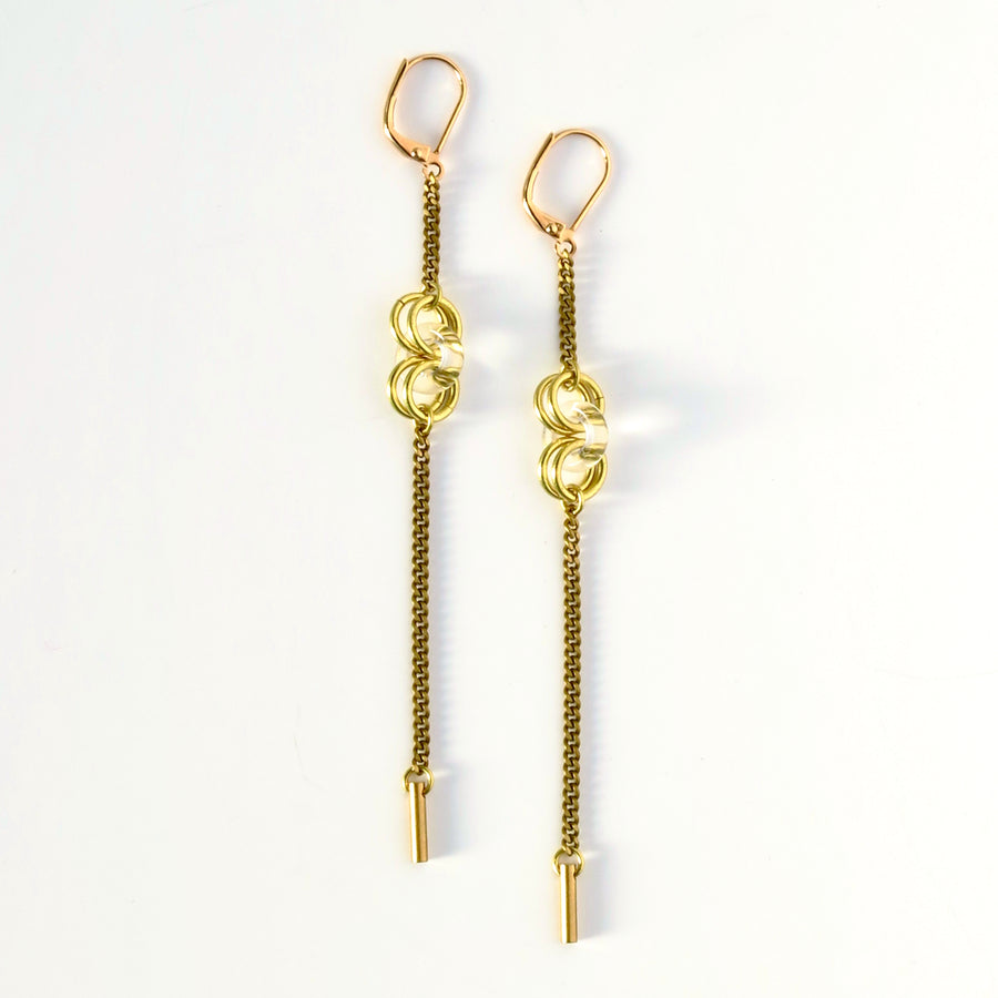 Frizzante Earrings by MoonRox - Long dangly brass chain earrings with circular clear glass accents