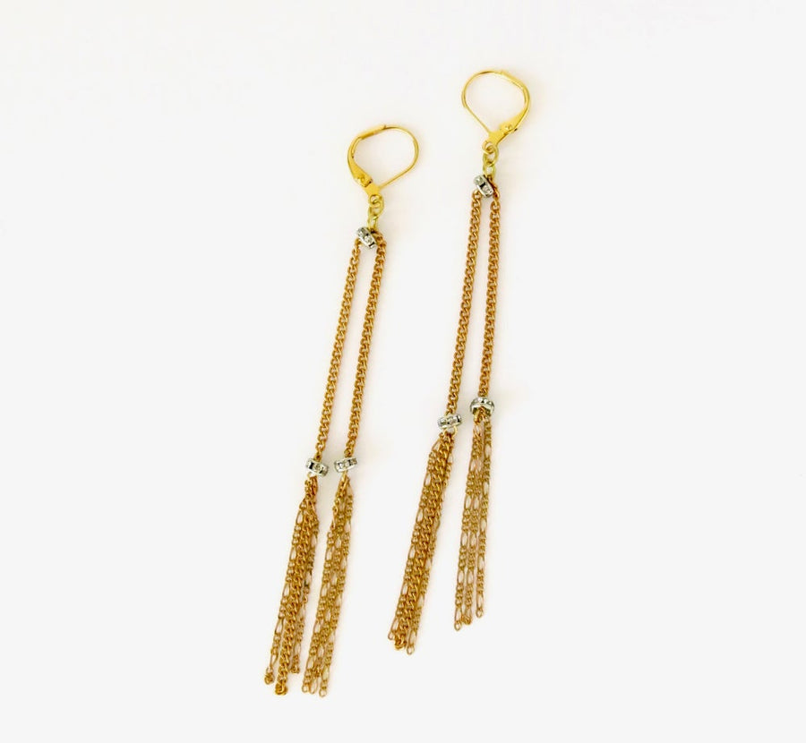 Glisten Fringe Earrings by MoonRox Jewellery & Accessories - Long and delicate brass chain fringe earrings with crystal accents