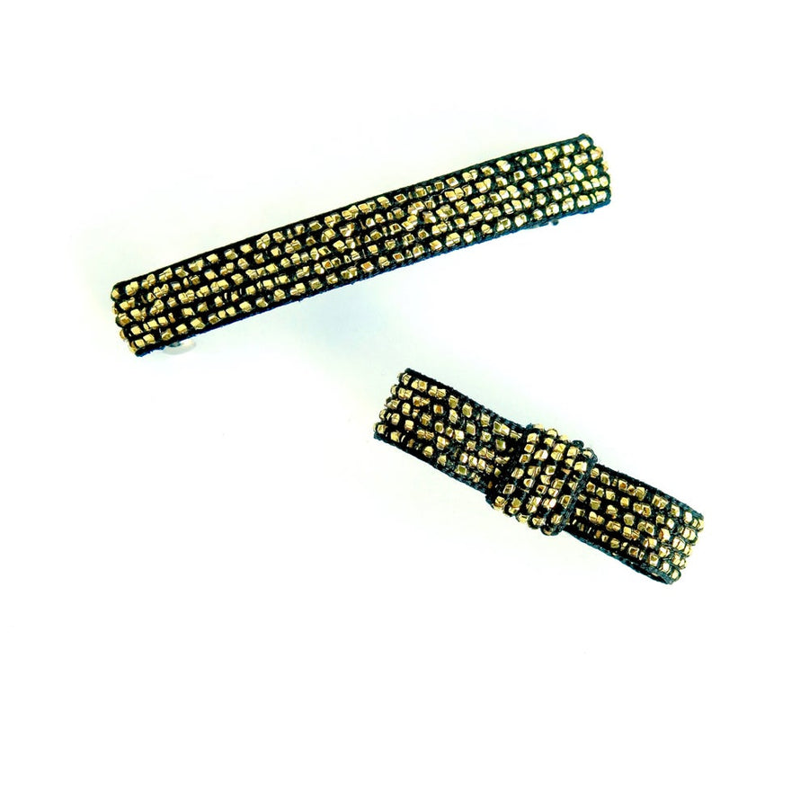 Glitz Appeal and Glitz Appeal Bow Barrettes by MoonRox - spring loaded barrettes featuring metallic gold filament with black base colour.