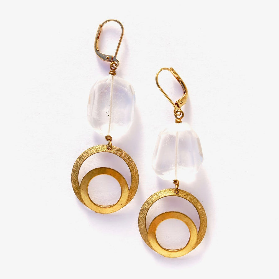 Golden Circle Crystal Quartz Earrings - Substantial irregular faceted crystal quartz stones are hand wired to brass charms with double circle motif