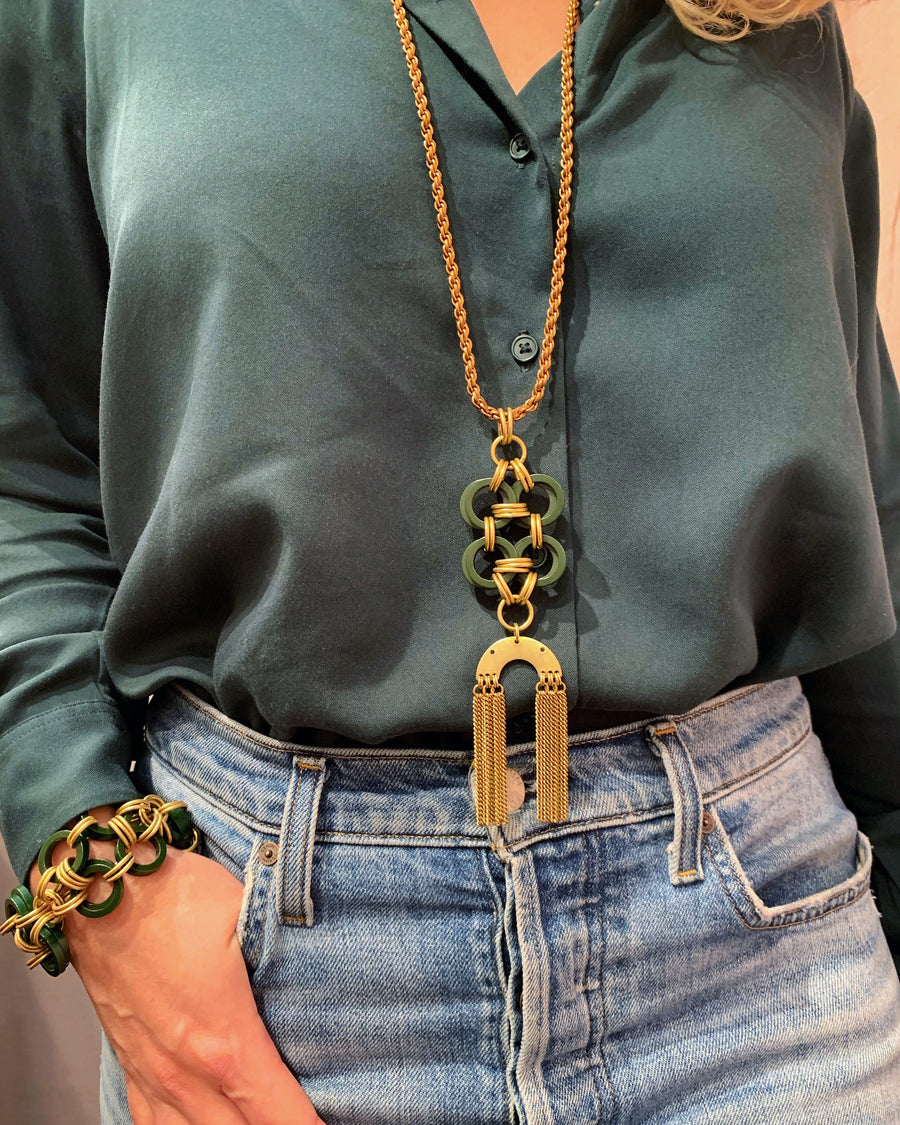 Good Fortune Necklace by MoonRox - long necklace with rope chain and pendant that combines vintage Bakelite and brass fringe. Shown in Deep Green with matching Good Fortune Bracelet.