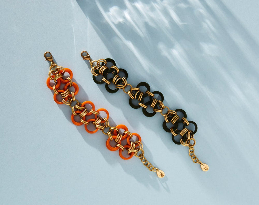 Good Fortune Bracelets in two colourways by MoonRox Jewellery & Accessories - chain maille bracelets that combine vintage Bakelite and brass loops