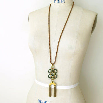Good Fortune Necklace by MoonRox - long necklace with rope chain and pendant that combines vintage Bakelite and brass fringe.