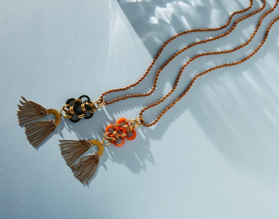 Colour options for Good Fortune Necklace by MoonRox Jewellery & Accessories - long necklace with rope chain and pendant that combines vintage Bakelite and brass fringe.
