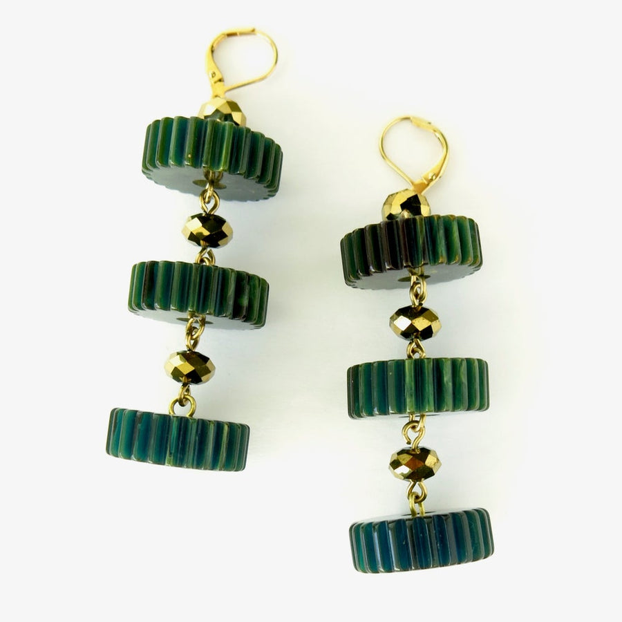 Good Times Roll Earrings by MoonRox - round slices of ridged vintage Bakelite are hand wired to golden crystals and hung from lever back ear wires