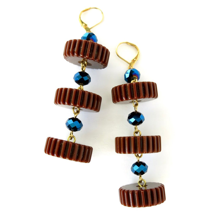 Good Times Roll Earrings by MoonRox - round slices of ridged vintage Bakelite are hand wired to metallic crystals and hung from lever back ear wires