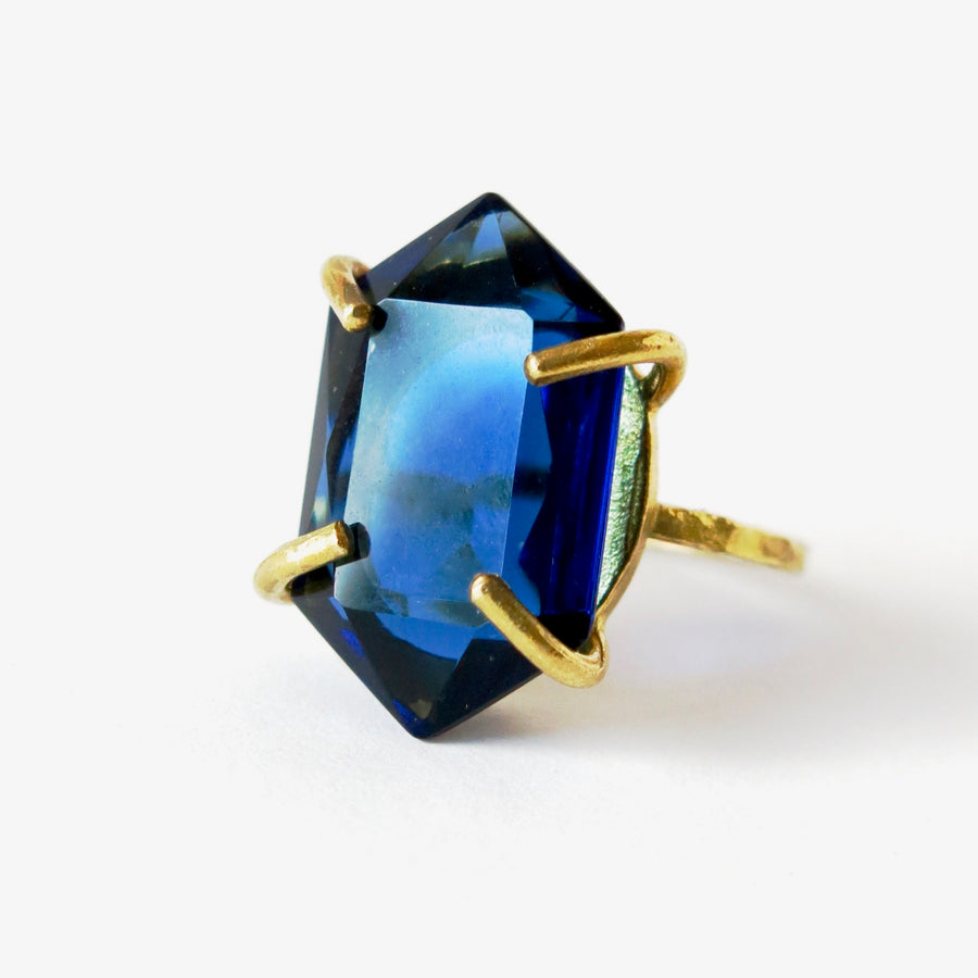 Heirloom Rox Ring in Duchess Cut by MoonRox Jewellery & Accessories - Stunning vintage glass crystal stones are set in brass. This Sapphire coloured ring is both rugged and elegant.