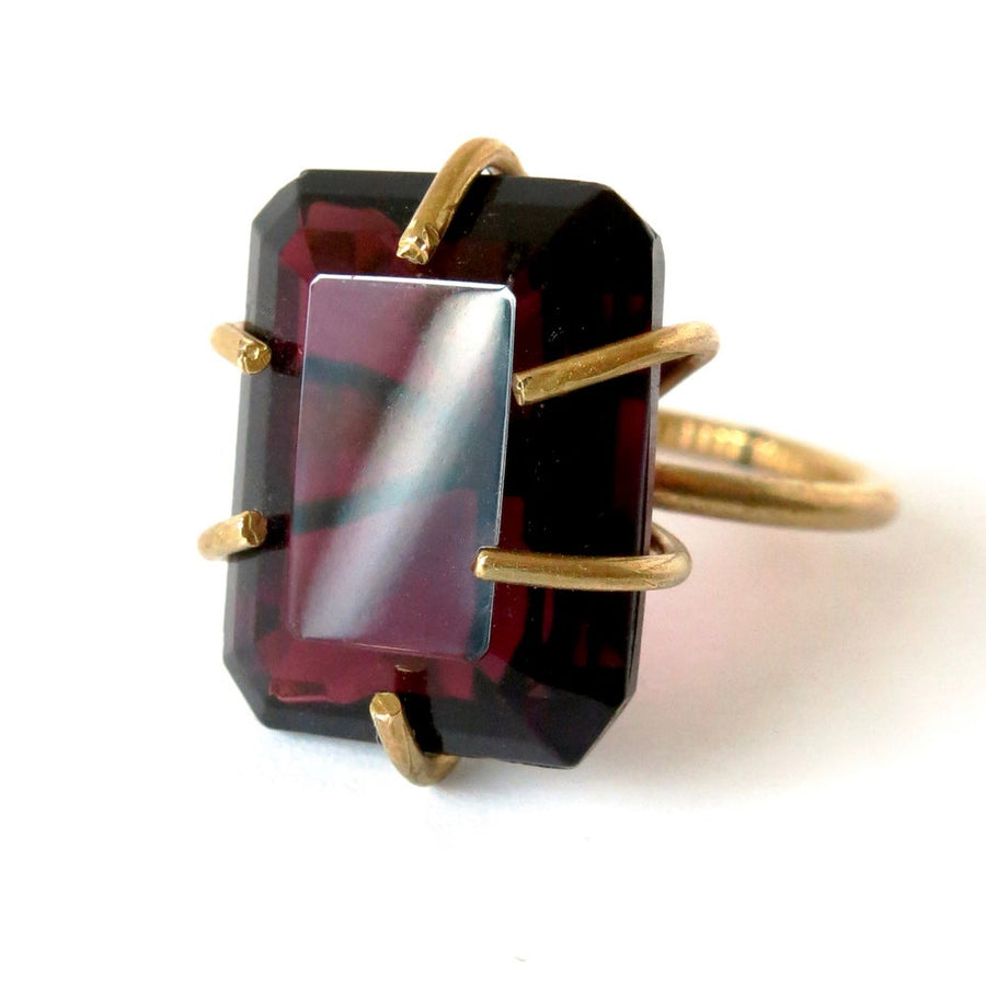 Heirloom Rox Ring in Emerald Cut - big bold vintage Deep Aubergine coloured glass crystal stones are set in brass.