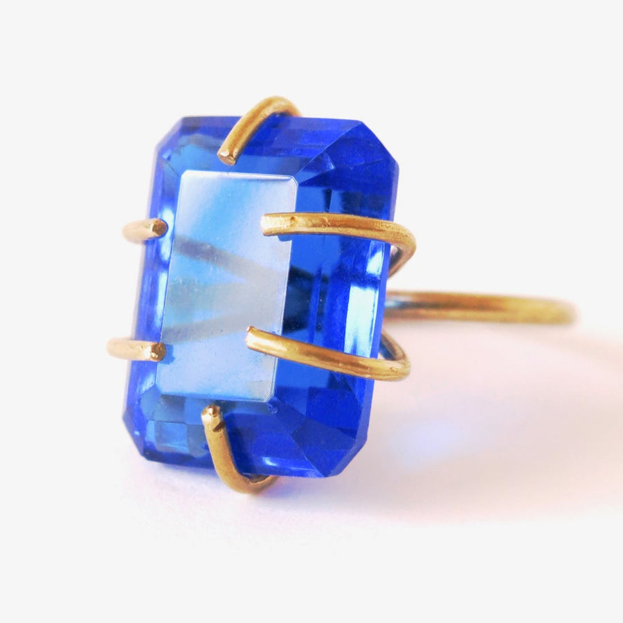 Heirloom Rox Ring in Emerald Cut - big bold Light Sapphire vintage glass crystal stones are set in brass.