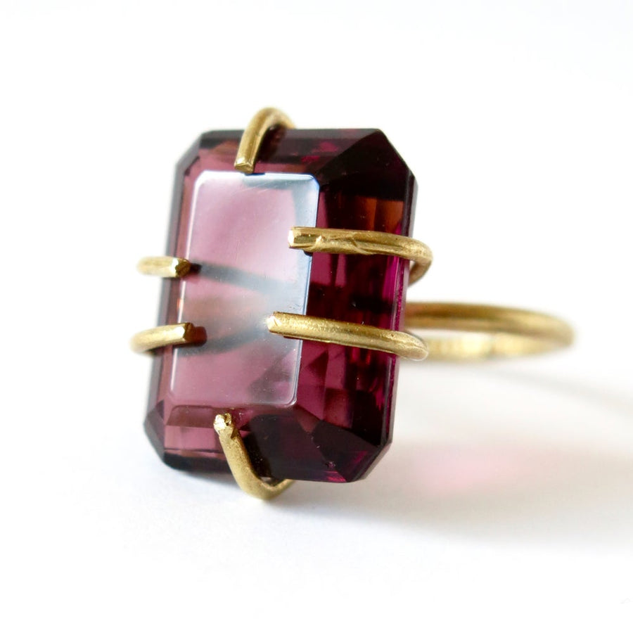 Heirloom Rox Ring in Emerald Cut - big bold Violet coloured vintage glass crystal stones are set in brass.