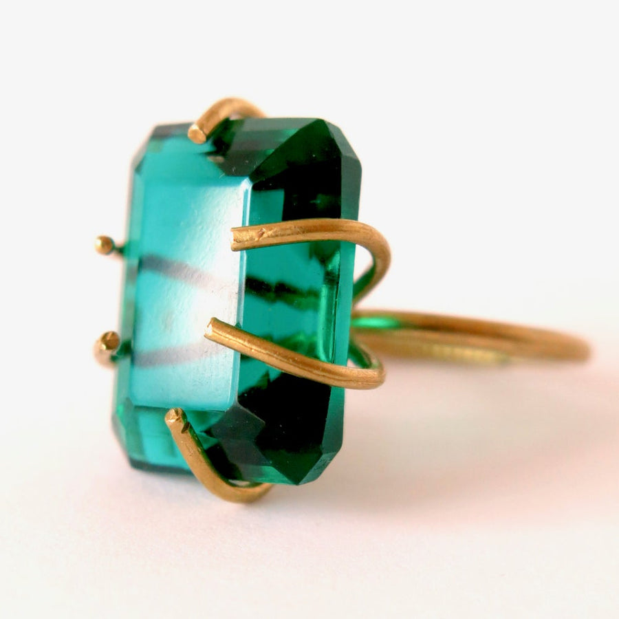 Heirloom Rox Ring in Emerald Cut by MoonRox Jewellery & Accessories - big bold vintage Emerald coloured glass crystal stones are set in brass.
