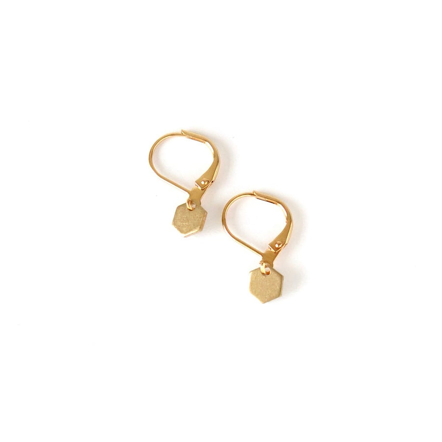Hex Earrings by MoonRox are small hexagonal brass charms on lever back ear wires.
