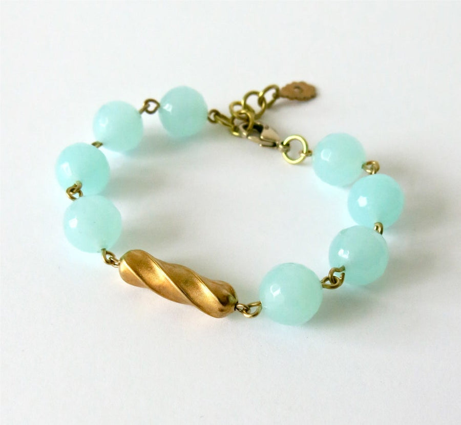 Confection Bracelet by MoonRox Jewellery & Accessories - semi-precious stone aqua agate beads with brass centre-piece 