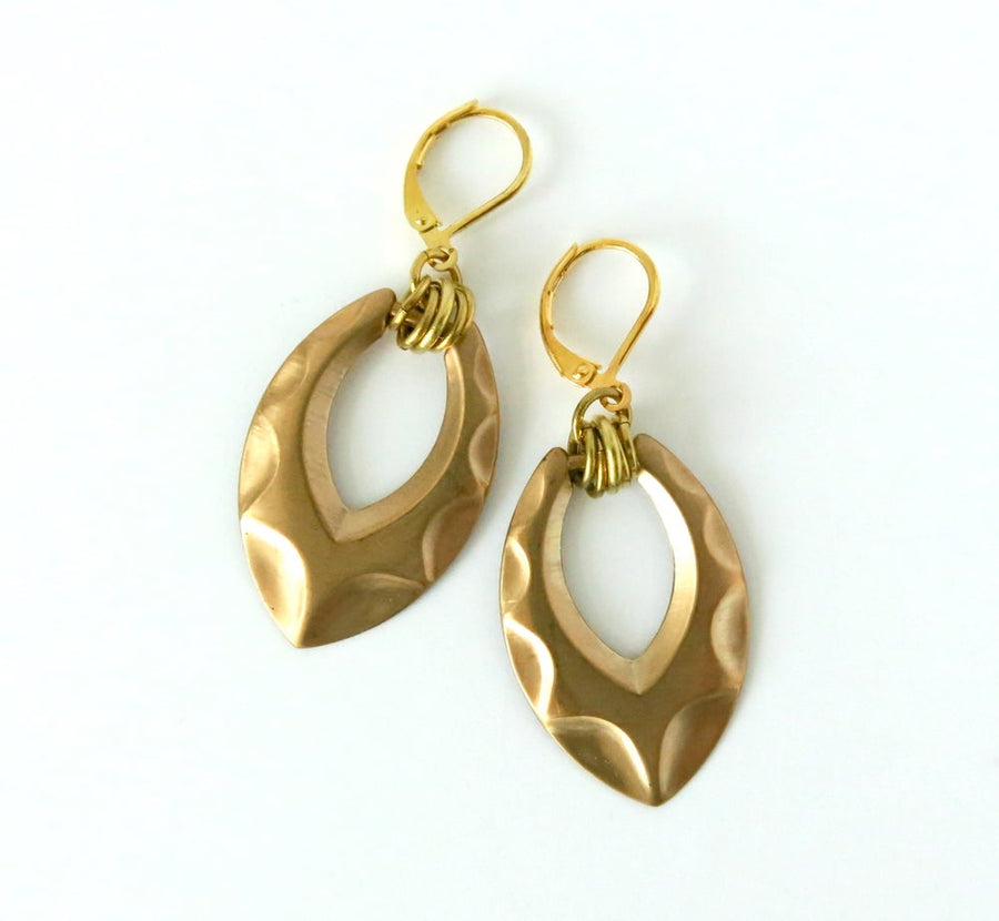 Shadow Earrings by MoonRox - Brass form with raised pattern and multiple loops hung from lever-back ear wires.