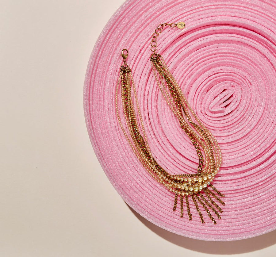 Incandescence Necklace by MoonRox Jewellery & Accessories - This stunning necklace features five strands of the vintage Made in Japan iridescent glass beads draped across modern brass fringe.