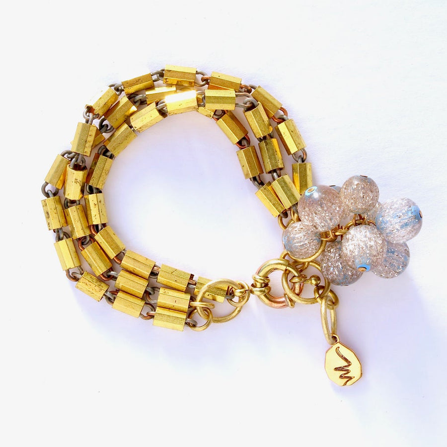 Last Dance Bracelet by MoonRox Jewellery & Accessories features a cluster of glittering lucite beads at one end of a unique triple layer faceted brass chain.