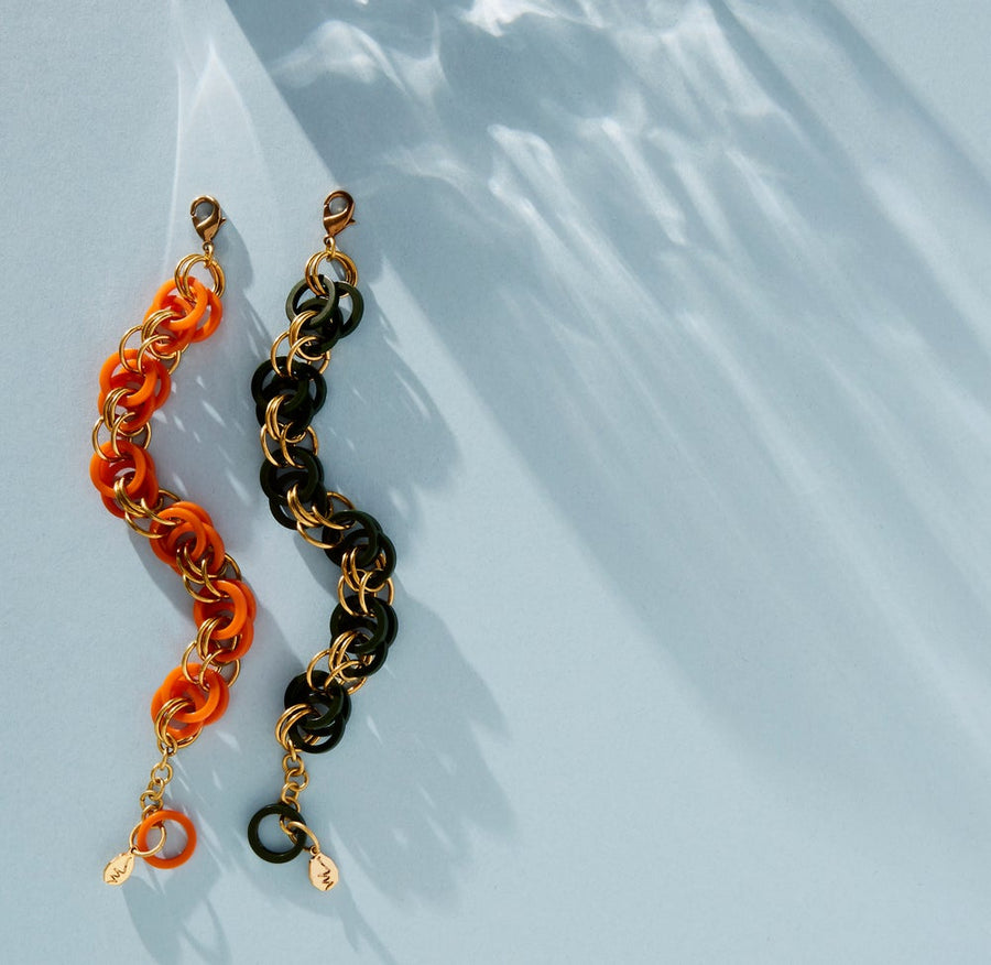 Longevity Bracelet by MoonRox Jewellery & Accessories - Vintage Bakelite is intertwined with brass loops in a repeated pattern in this chain maille style bracelet. Choose from Deep Green and Orange.