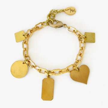 Loves Lost and Found Bracelet featuring a selection of five charms on heavy brass chain bracelet.